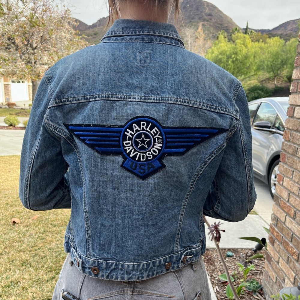 Harley Davidson Upcycled Jean Jacket Size Small S - image 1